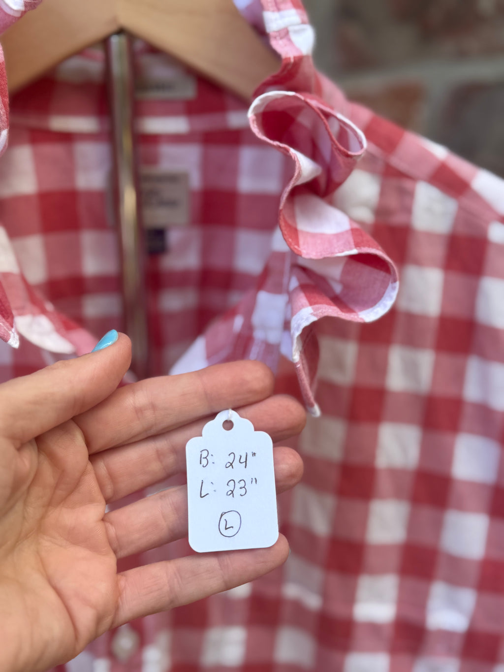 Size Large red check ruffle collar reworked oxford