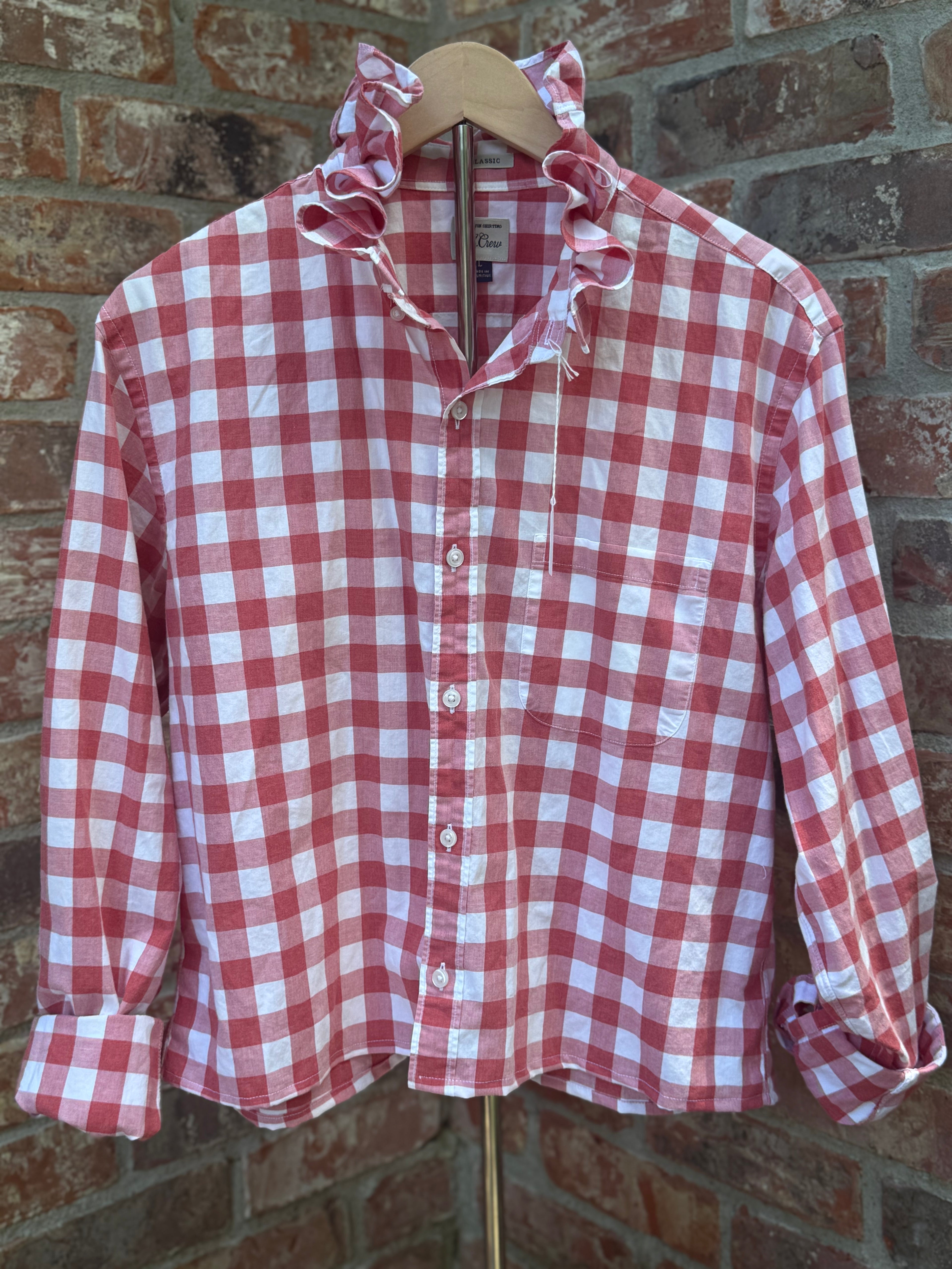 Size Large red check ruffle collar reworked oxford