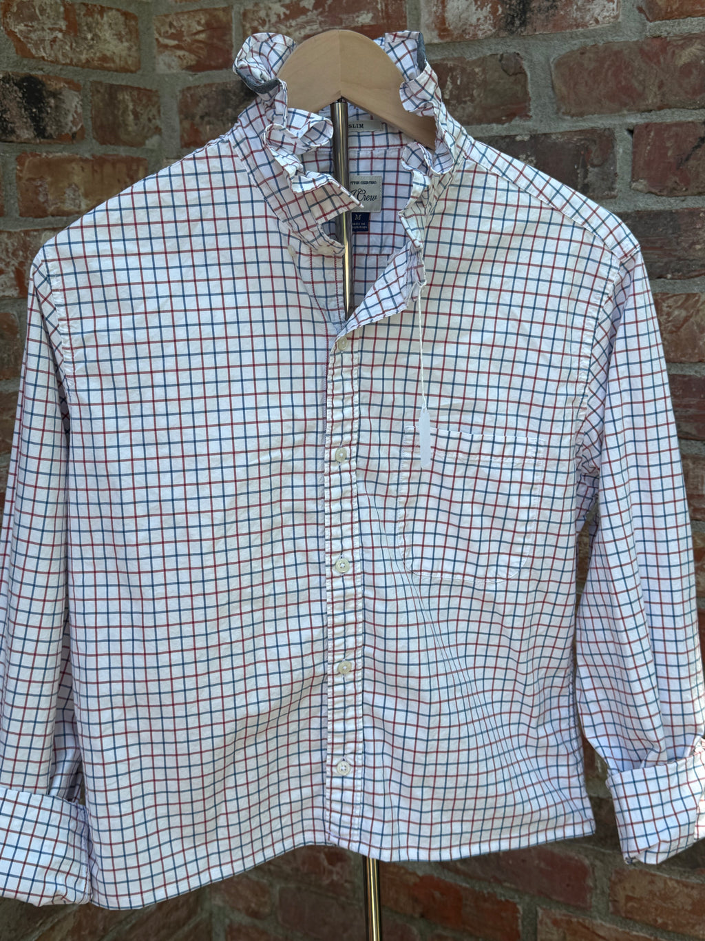 Medium ruffle collar reworked oxford white with red and blue windowpane design.