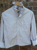Medium ruffle collar reworked oxford white with red and blue windowpane design.