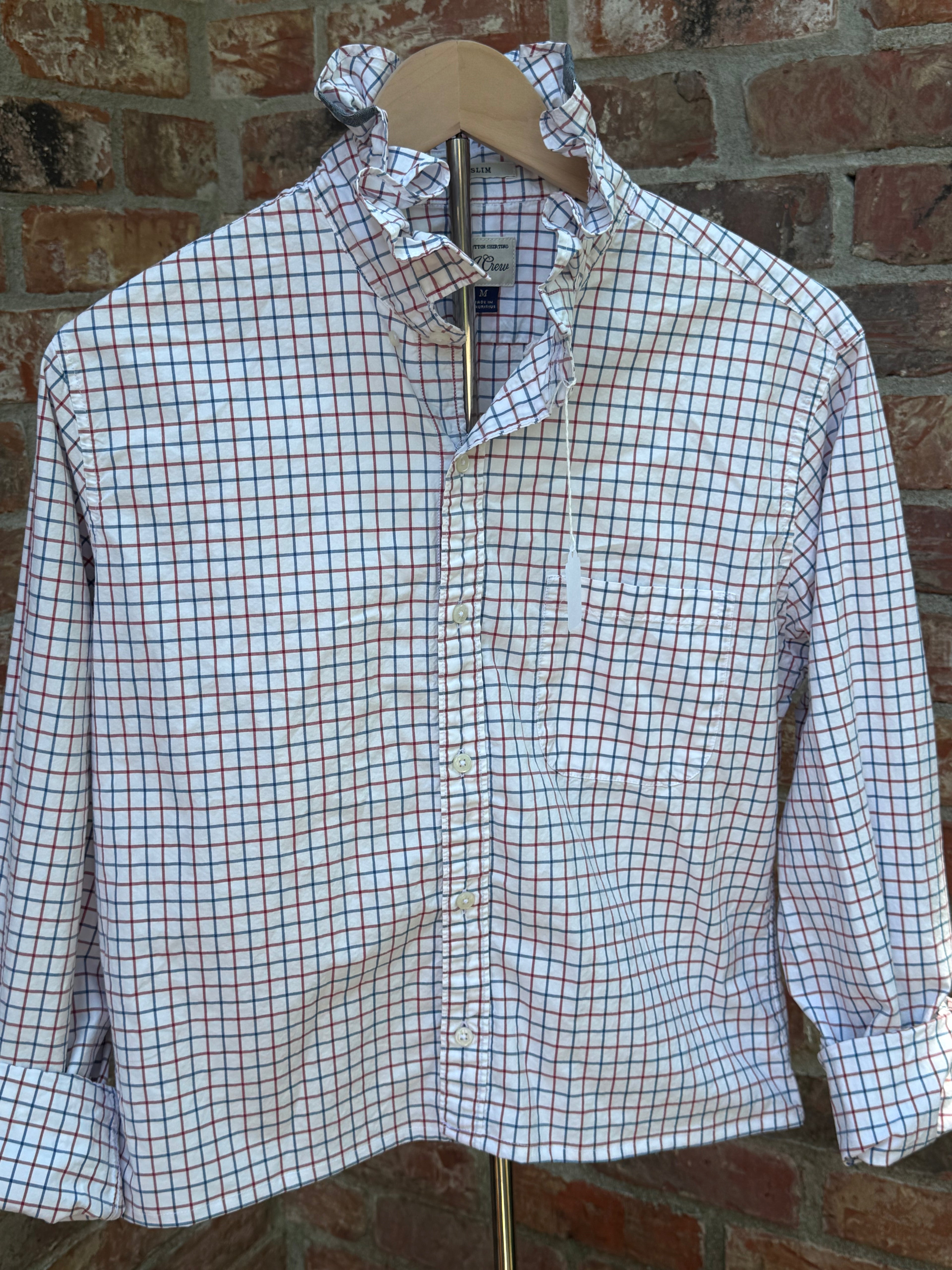 Medium ruffle collar reworked oxford white with red and blue windowpane design.