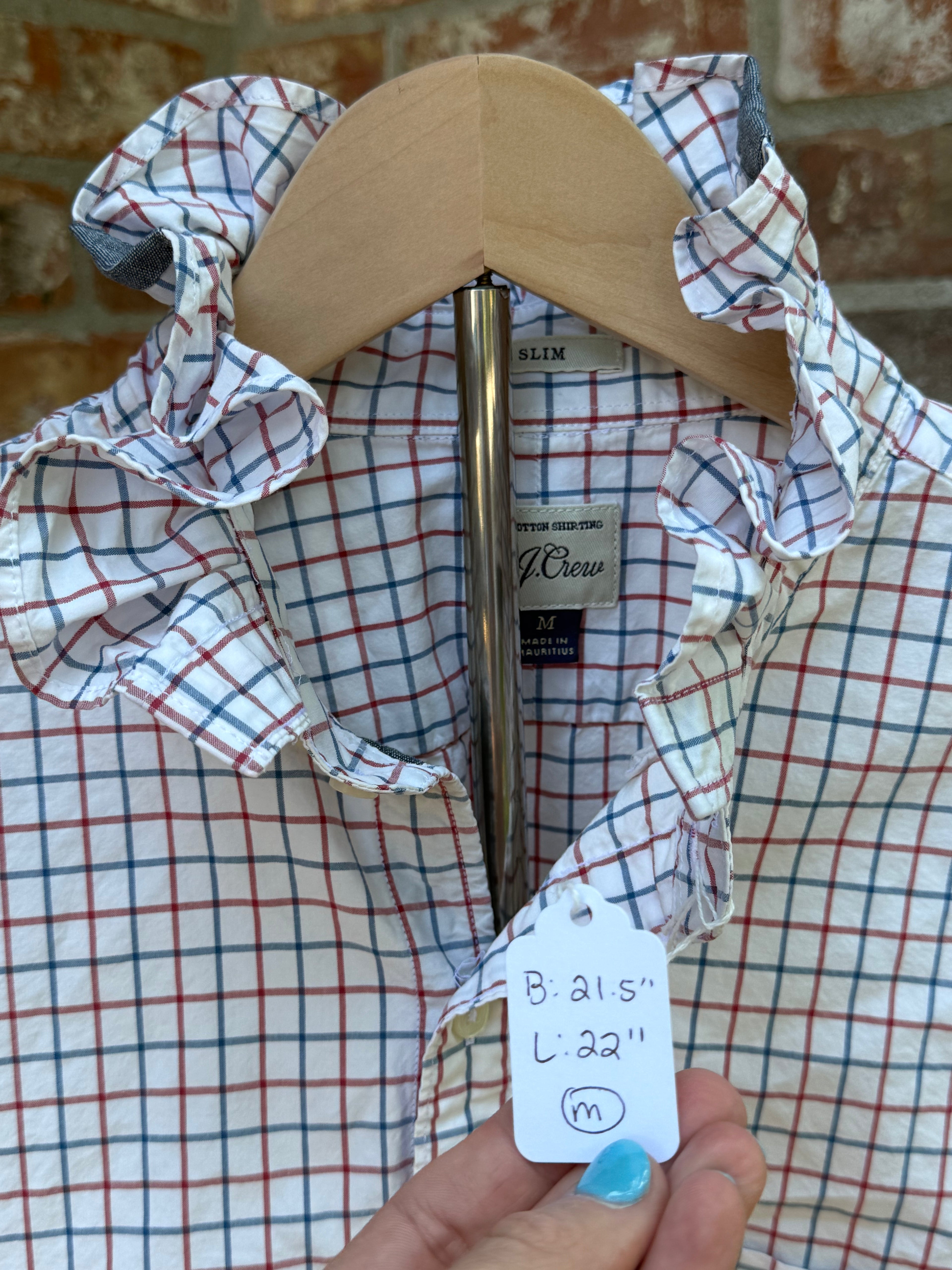 Medium ruffle collar reworked oxford white with red and blue windowpane design.