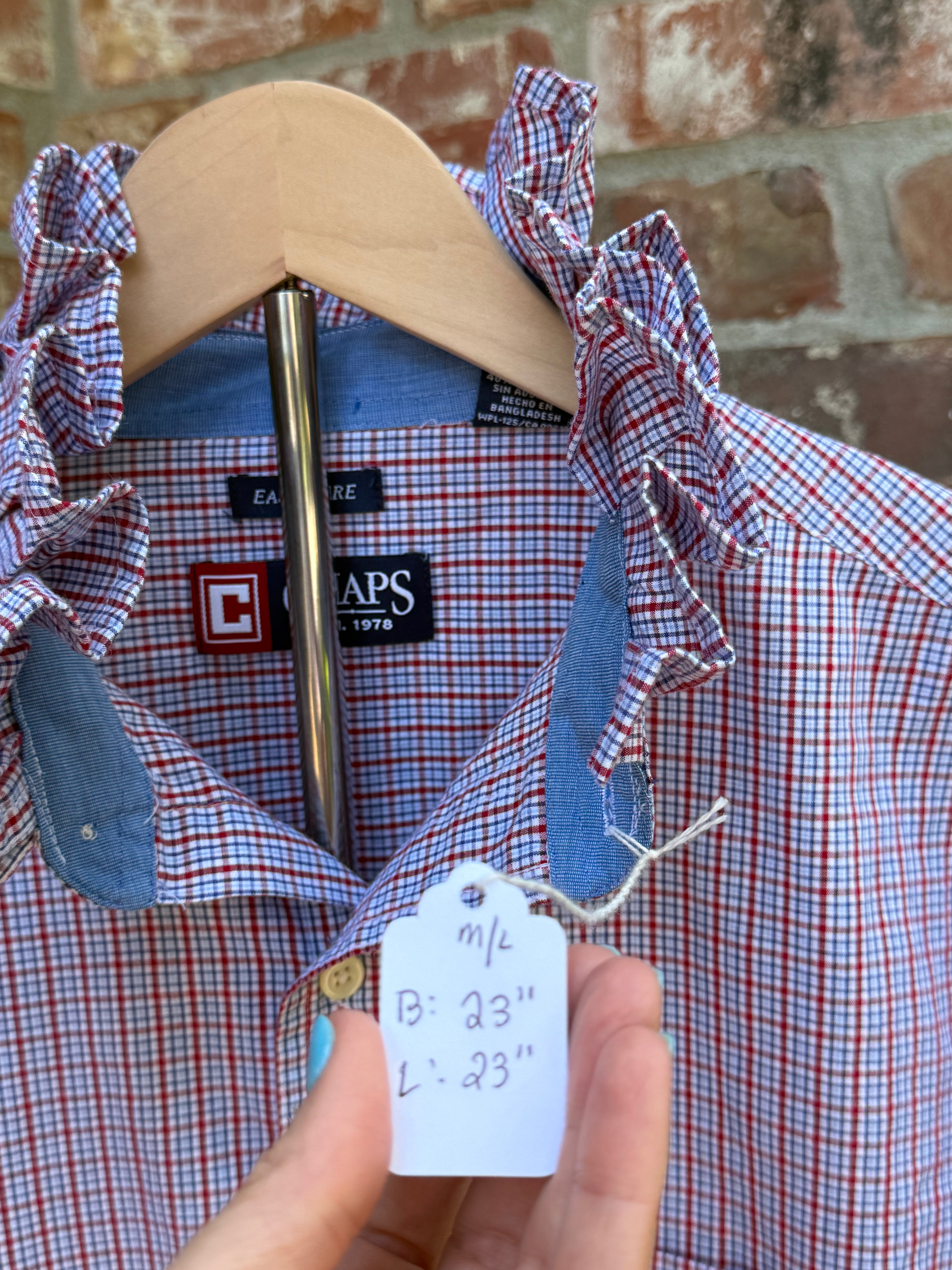 Medium red white and blue check ruffle collar