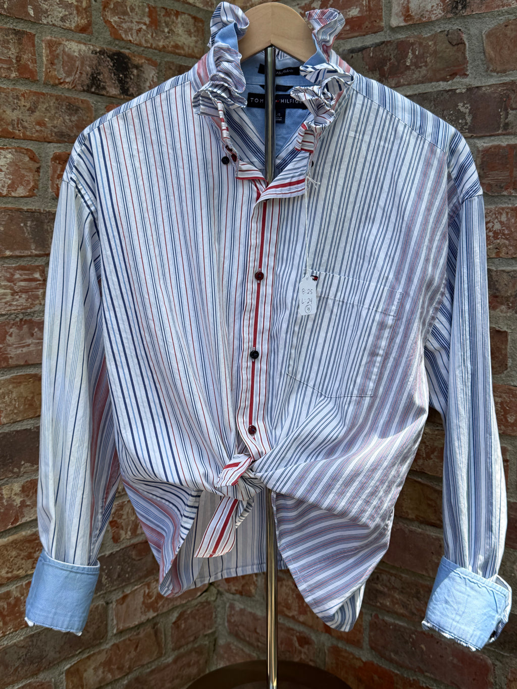 Red White Blue stripe Ruffle collar Upcycle