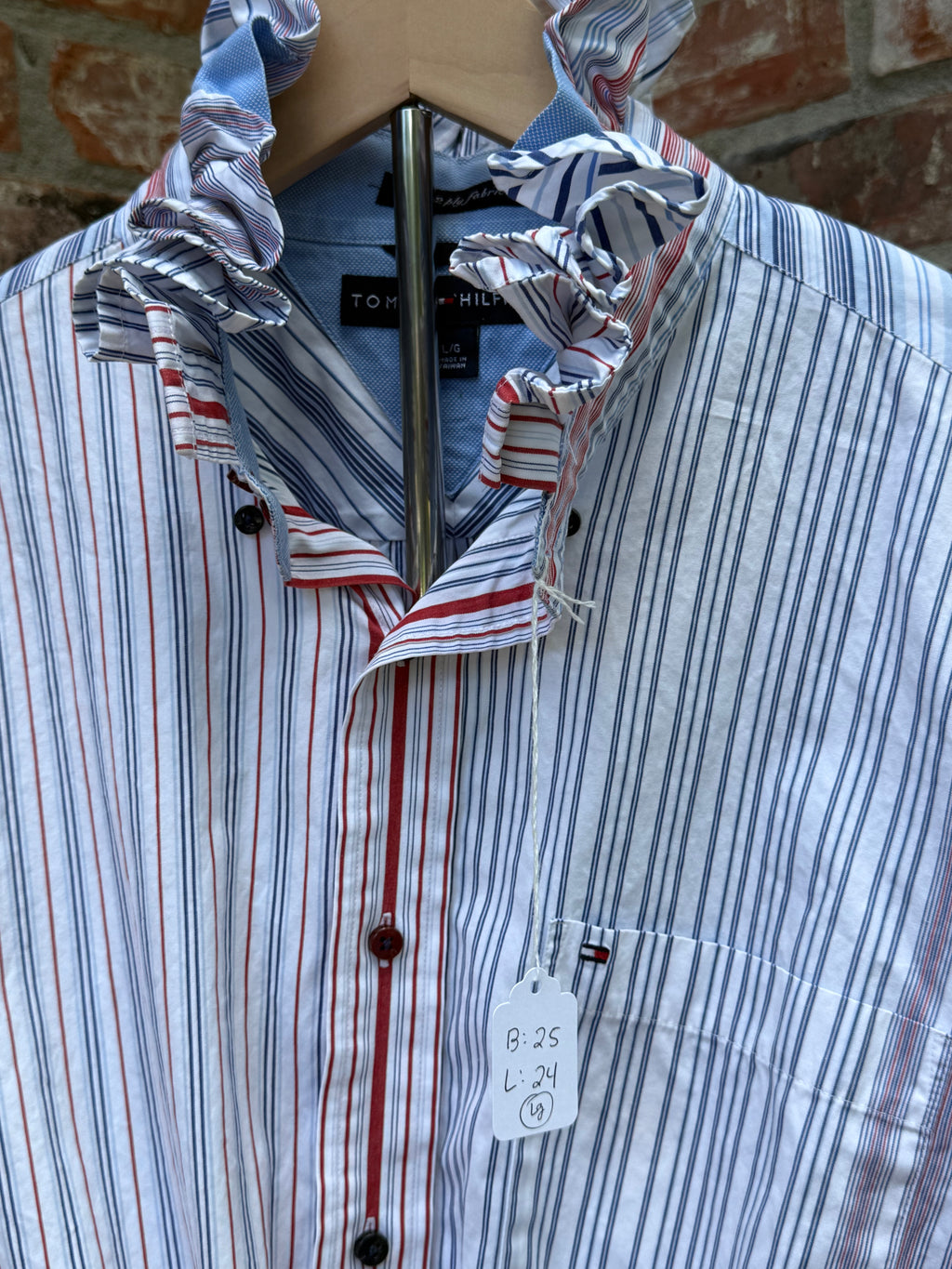 Red White Blue stripe Ruffle collar Upcycle